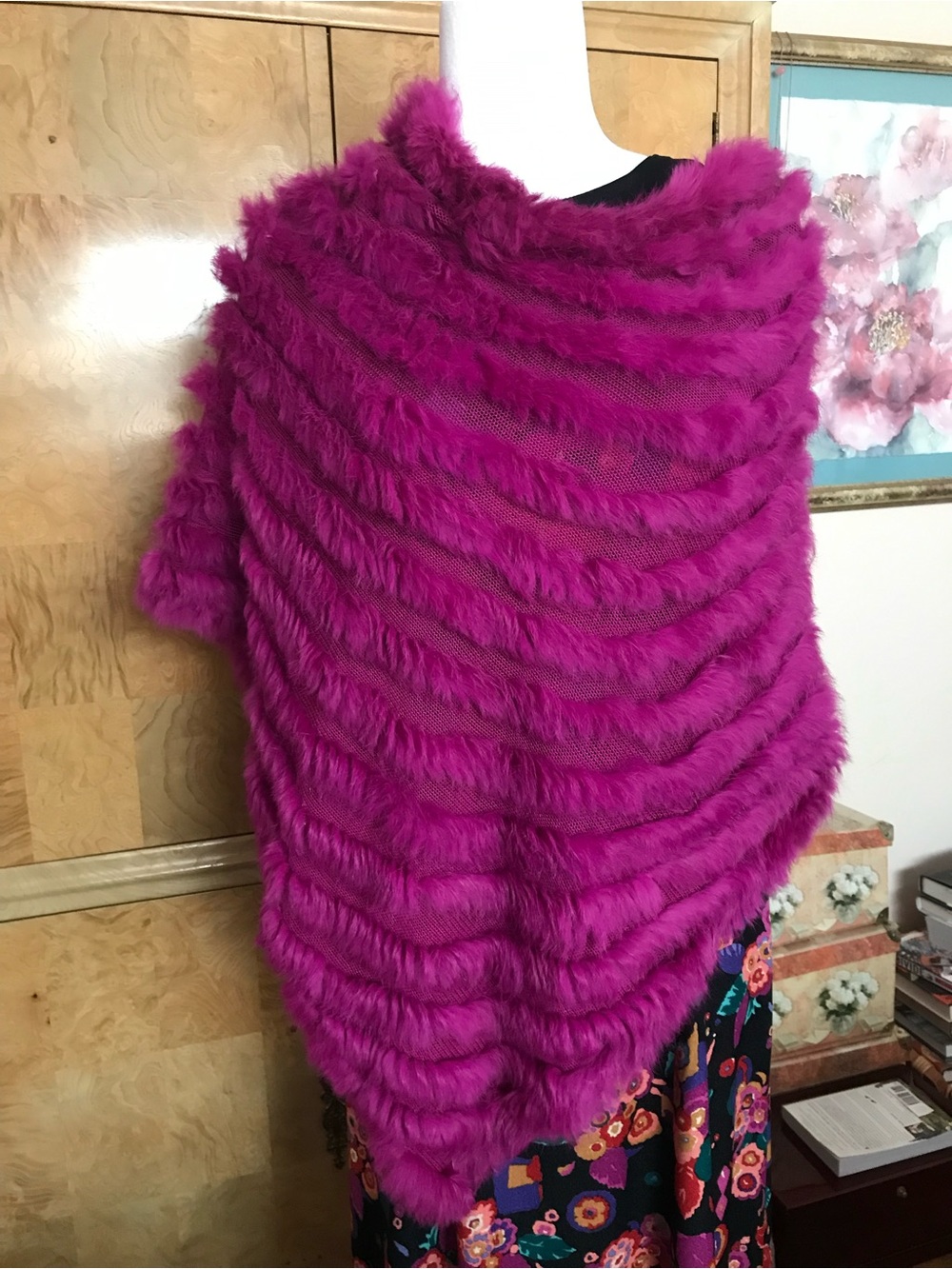 Betsey Johnson Vintage Fuchsia Rabbit Fur Poncho